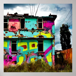 Poster Arte de Grafite rosa e teal | Casa abandonada