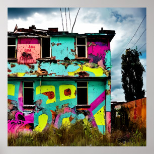 Poster Arte de Grafite rosa e teal Casa abandonada