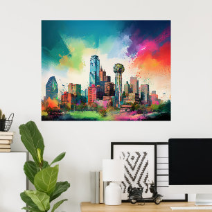 Poster Arte de Grafite Skyline Dallas Vibrant
