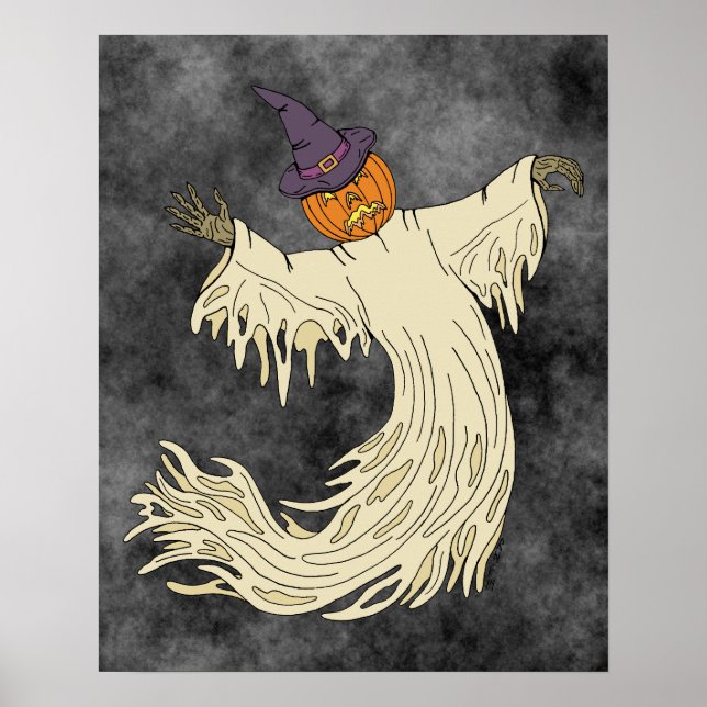 Poster Arte de Halloween do Fantasma de Cabeça de Abóbora (Frente)