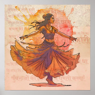 Poster Arte de Herança Indiana Kathak Spin Ink Aquarela