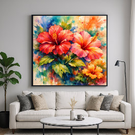 Poster Arte de Hibisco em Estilo Aquarela Floral Colorida