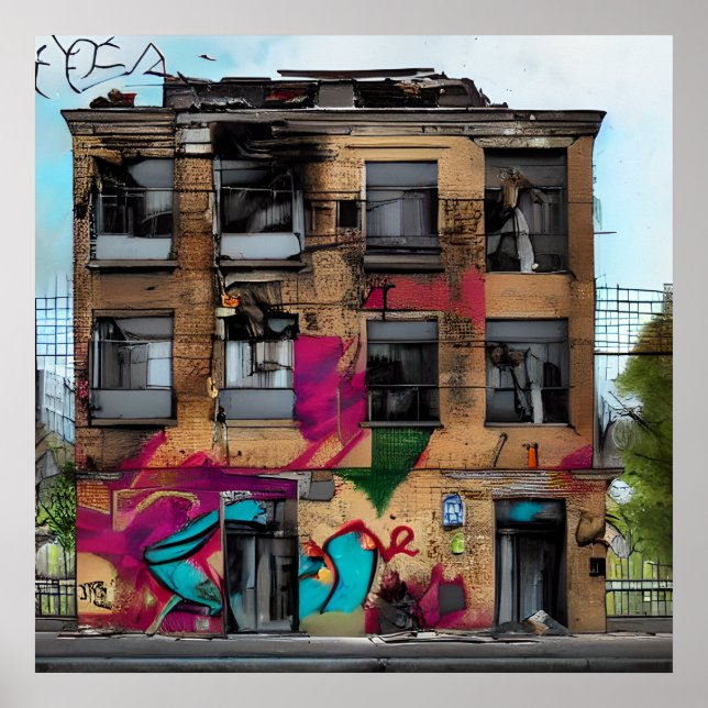 Poster Arte de IA Abstrata de Edifício Abandonado (Frente)