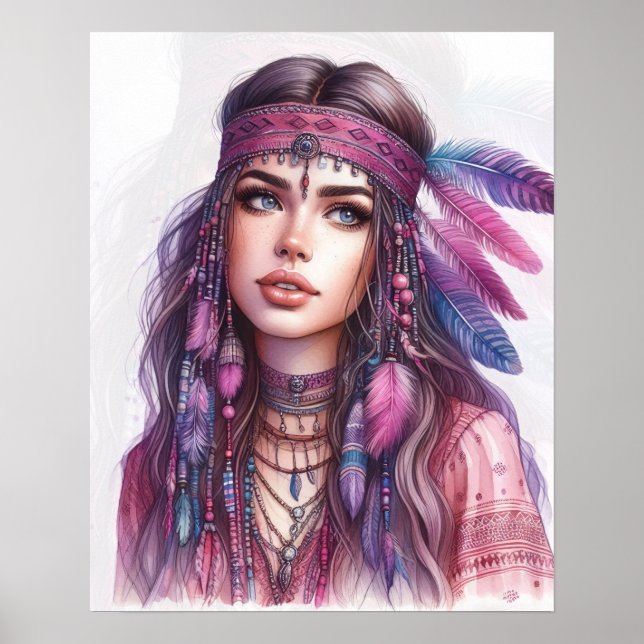 Poster Arte de IA Boho Girl Moda Boêmia (Frente)