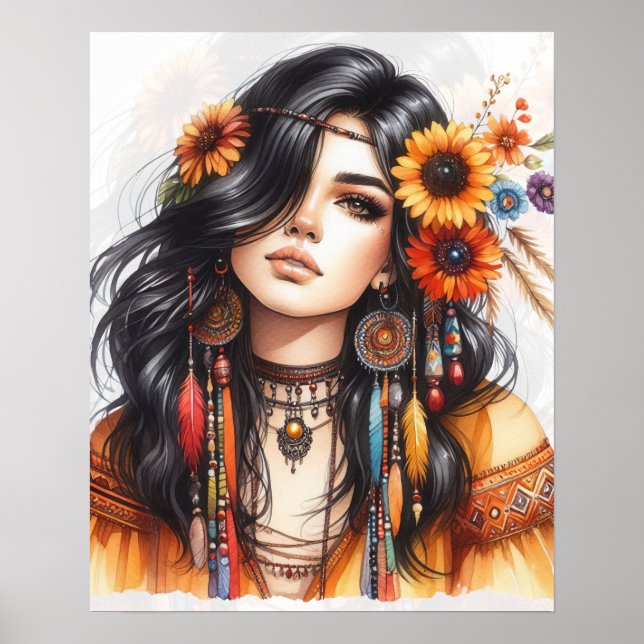 Poster Arte de IA Boho Girl Moda Boêmia (Frente)