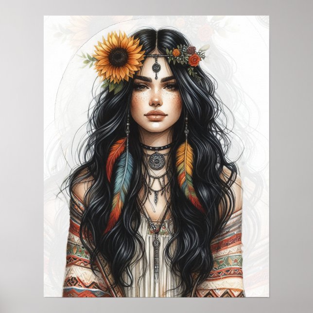 Poster Arte de IA Boho Girl Moda Boêmia (Frente)