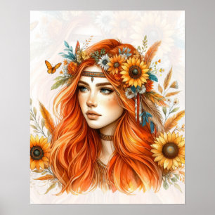 Poster Arte de IA Boho Girl Moda Boêmia