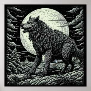 Poster Arte de IA de lobisomem vintage preto e branco