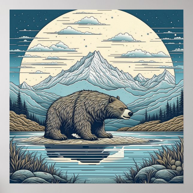 Poster Arte de IA de Urso, Montanhas, Lago, Lua Cheia (Frente)
