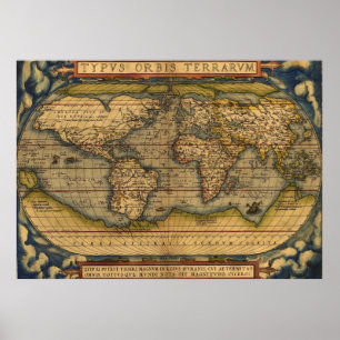 Poster Arte de ilustração antiga do mapa mundial da dé