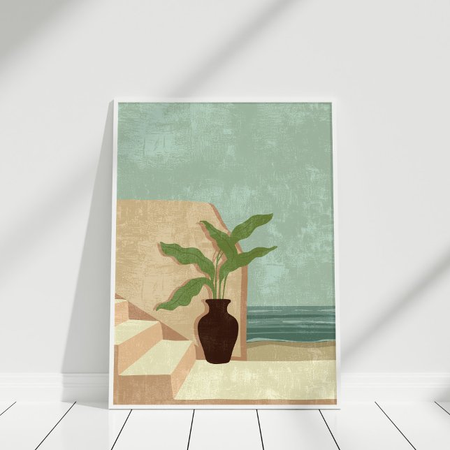 Poster Arte de Ilustração Costeira Neutral e Teal (Boho Neutral and Teal Coastal Illustration Art Poster in a white frame against white wall.)
