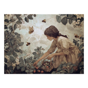 Póster Arte de Jardim de Borboletas Menina Sépia Vintage
