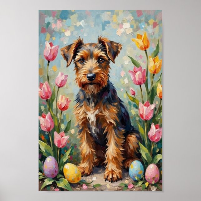 Poster Arte de jardim de Páscoa do Airedale Terrier vinta (Frente)