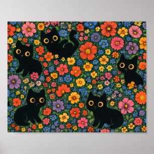 Poster Arte de Jardim Kawaii Padrão Floral de Gato Pret
