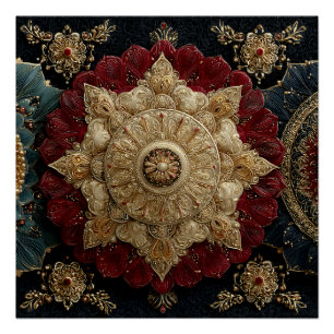 Póster Arte de Joia Mandala Ornamentada Dourada Verde-azu
