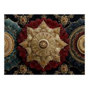 Póster Arte de Joia Mandala Ornamentada Dourada Verde-Cin