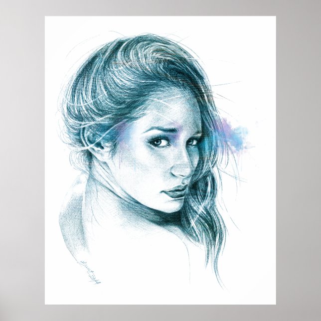 Póster Arte de lápis de retrato feminino azul (Frente)
