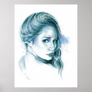 Póster Arte de lápis de retrato feminino azul