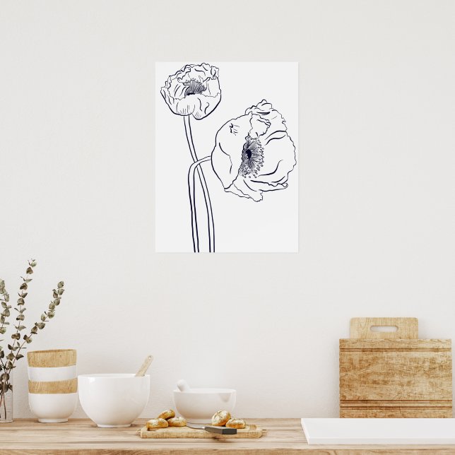 Poster Arte de Linha Botânica de Papoula (Cozinha)