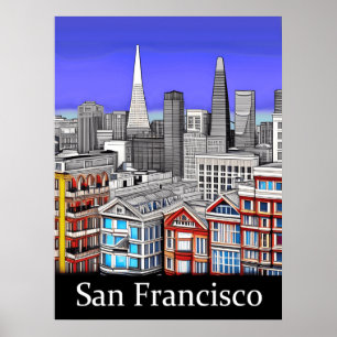 Poster Arte de Linha Colorida em Skyline em São Francisco