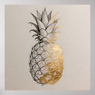 Poster Arte de Linha de Abacaxi Dourado