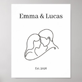 Poster Arte de Linha de Casal Minimalista Nomes Personali