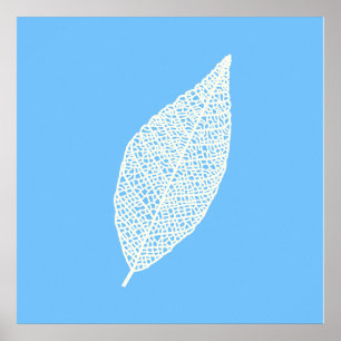 Poster Arte de linha de folha de esqueleto azul e branco