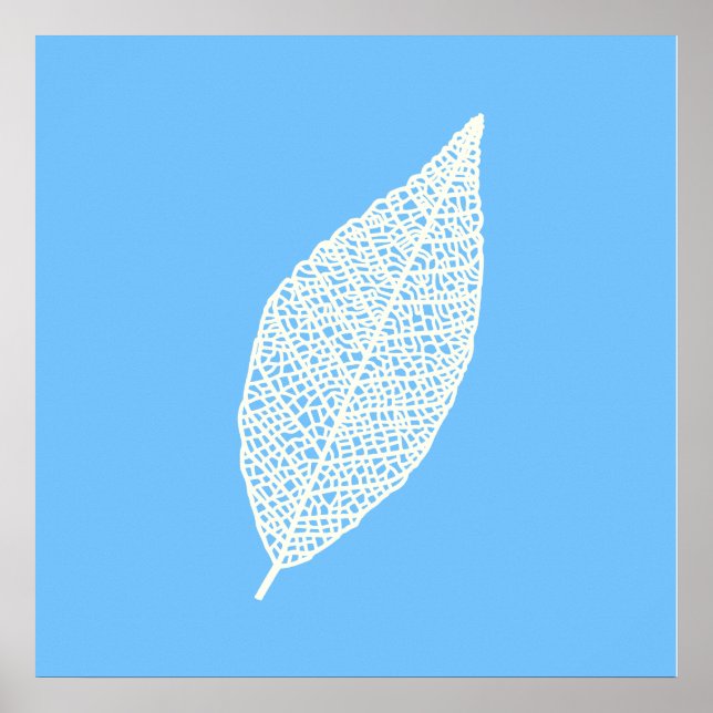 Poster Arte de linha de folha de esqueleto azul e branco (Frente)
