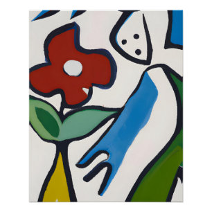 Póster Arte de Linha Divertida com Flor Vermelha e Figura