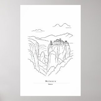 Poster Arte de Linha Mínima de Meteora Grécia | Mosteiro