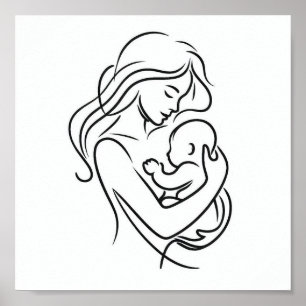 Poster Arte de Linha Minimalista de Mãe e Bebê