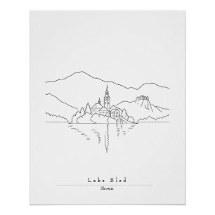 Póster Arte de Linha Minimalista do Lago Bled Lago Eslo