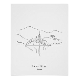 Póster Arte de Linha Minimalista do Lago Bled | Lago Eslo
