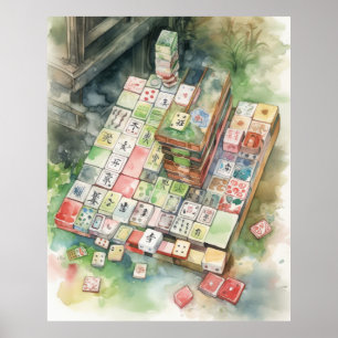 Poster Arte de Mahjong em Aquarela