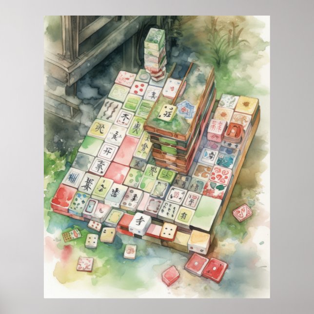 Poster Arte de Mahjong em Aquarela (Frente)