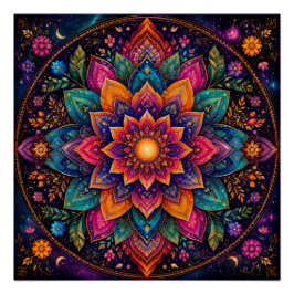 PÓSTER ARTE DE MANDALA FLORAL TONALIZADA COM JOIA CÓSMICA