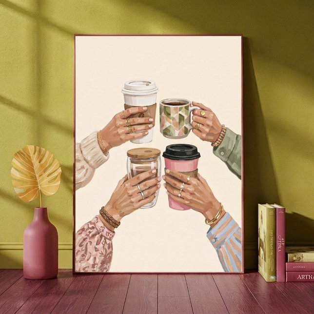 Poster Arte de Mãos de Amigos Brindando com Canecas de Ca (Criador carregado)