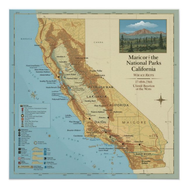 Póster Arte de Mapa Antigo dos Parques Nacionais da Calif (Frente)