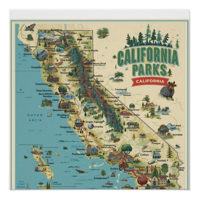 Póster Arte de Mapa Ilustrado dos Parques da Califórnia V (Frente)