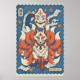 Poster Arte de Máscara de Kitsune Espírito de Raposa Corn