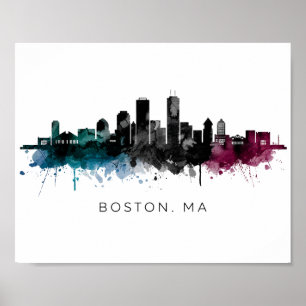 Poster Arte de Massachusetts Aquarela do Horizonte de B