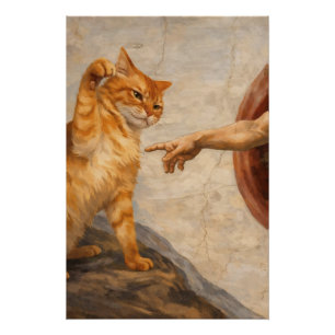 Póster Arte de Meme de Gato Engraçado Criação de Adão com