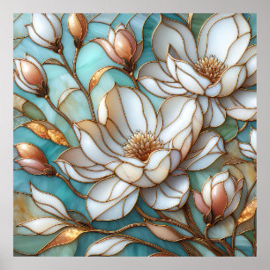 Poster Arte de Mosaico Floral de Magnólia Elegante em Vid