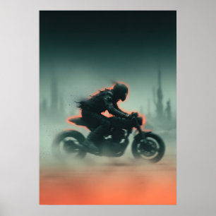 Poster Arte de Movimento Laranja Azul Motorista de Motoci