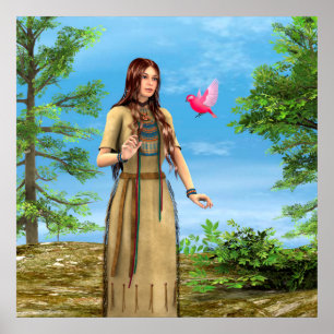 Póster Arte de Mulher Indígena Americana Floresta Pássaro