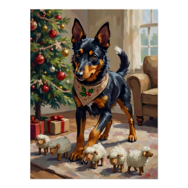 Póster Arte de Natal com Australian Kelpie Pastor (Frente)