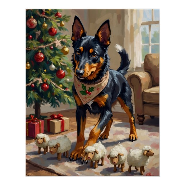 Póster Arte de Natal com Australian Kelpie Pastoreando (Frente)