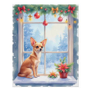 Póster Arte de Natal com Chihuahua na Janela Nevada