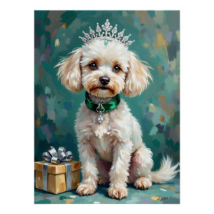 Póster Arte de Natal da Princesa Poodle Branca Glamurosa