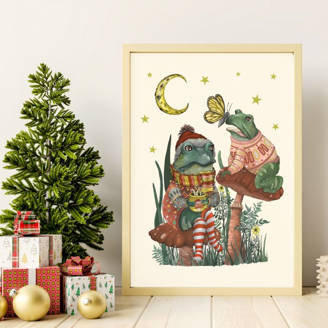 Poster Arte de Natal de Sapo e Sapo Bonito em Cogumelo na (Best Friend Frogs Whimsical Christmas Wall Art)